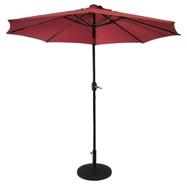 Sun Ray - 9' Round Solar Lighted Umbrella - Steel - 8Rib - Scarlet