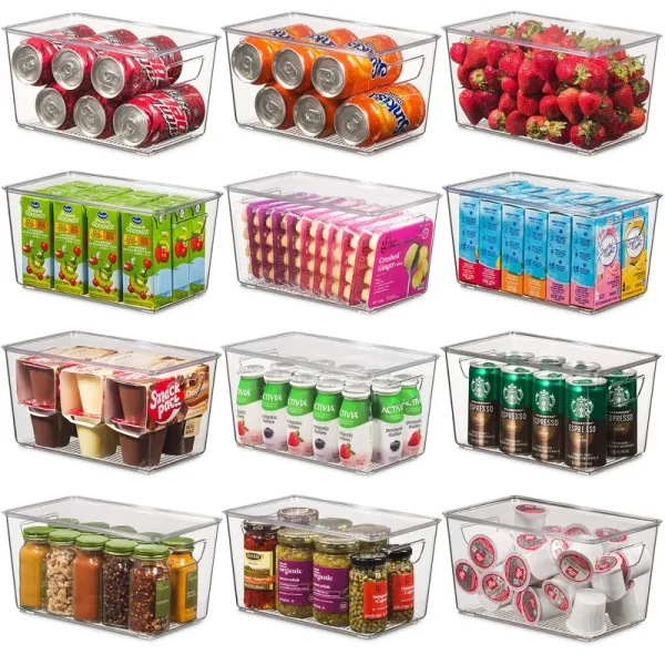 Seseno Set of 12 Refrigerator Organizer Bins with Lids - Plastic Pantry Organization and Storage Baskets - Stackable Food Fridge Organizers with Cutout