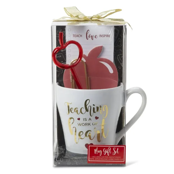 Teacher Appreciation Gift Sets: Thank You Gift Bundles with Coffee or Tea Novelty Mugs, Printed Tote Bags, Apple Sticky Notes, Writing Pads, Apple