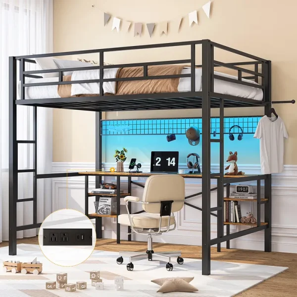 Twin Loft Bed with Desk, UHOMEPRO Metal Loft Bed with LED Lights, Charge Station, DIY Mesh, Clothes Rail, 4 Storage Shelves, Safety Rails and 2 Ladders, Loft Bed for Teen Adult, Black