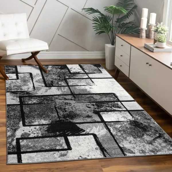 Modern Black-White Area Rug with Abstract Paint Effect - 2' x 3'3"