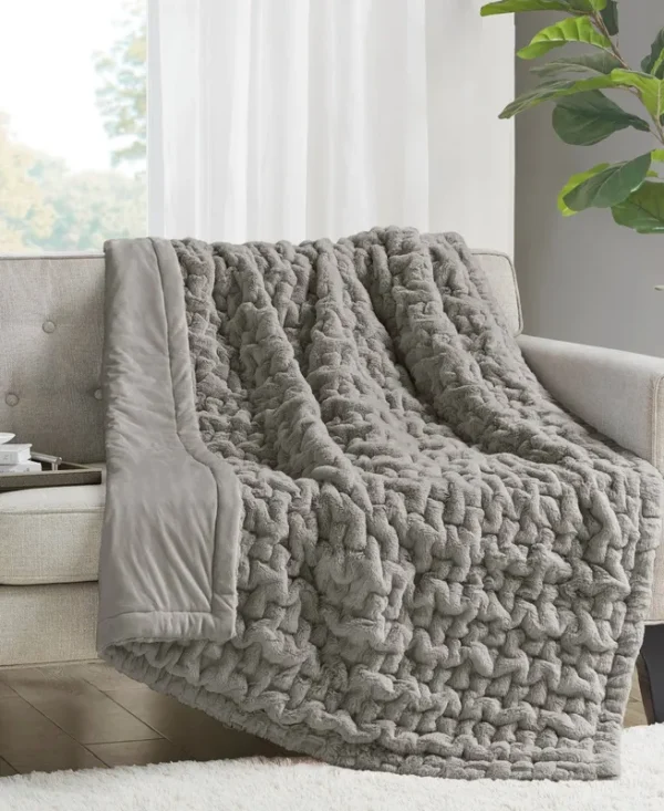 Madison Park Grey Ruched Fur Throw