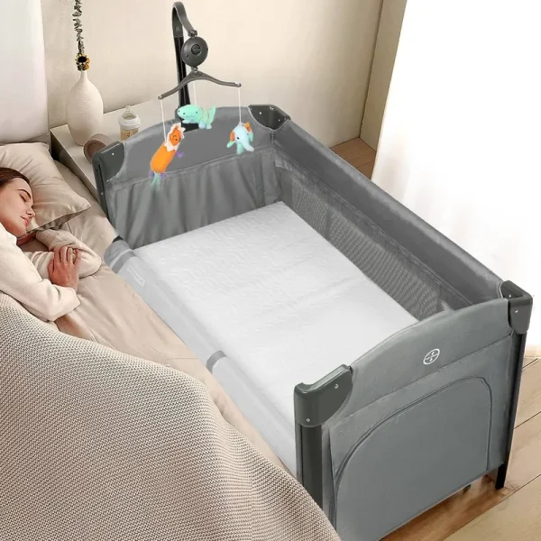 JOYMOR Folding Bedside Bassinet Co-Sleeper Baby Bassinet with Toy Wheels for unisex Infant(Gray)