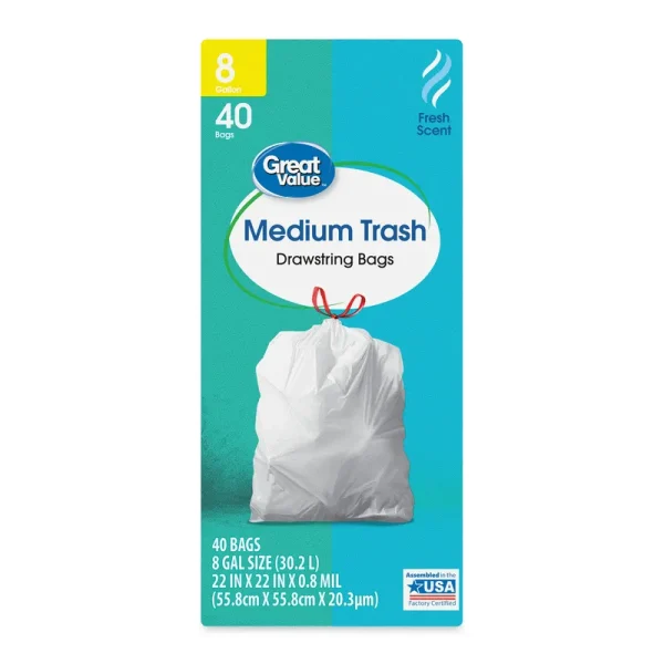 Great Value Medium Trash Drawstring Bags Fresh Scent - 40 Gal