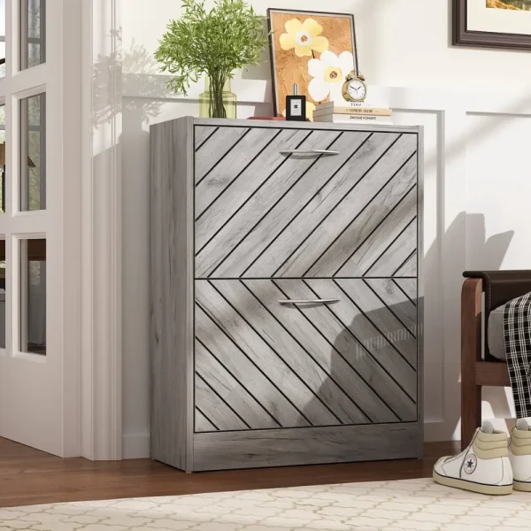 Timechee 8 Pair Shoe Storage Cabinet with 2 Drawers, Wood Color Grey, Size: 22.4, Gray