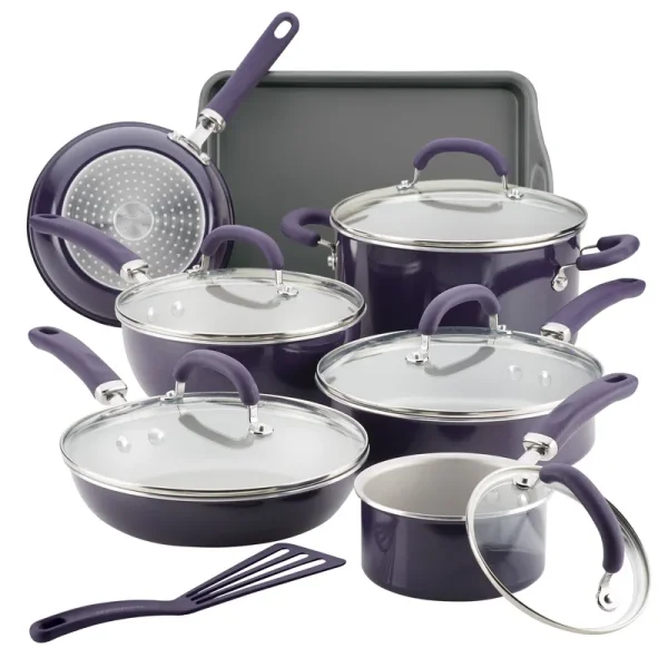 Rachael Ray Create Delicious 13-Piece Aluminum Nonstick Cookware Set - Purple Shimmer
