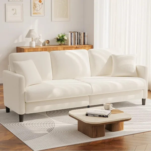 83" Comfortable Upholstered Sofa, 3 Seater Couch for Living Room, Neche Big Loveseat with Extra Deep Seats, 2 Pillows, Beige White