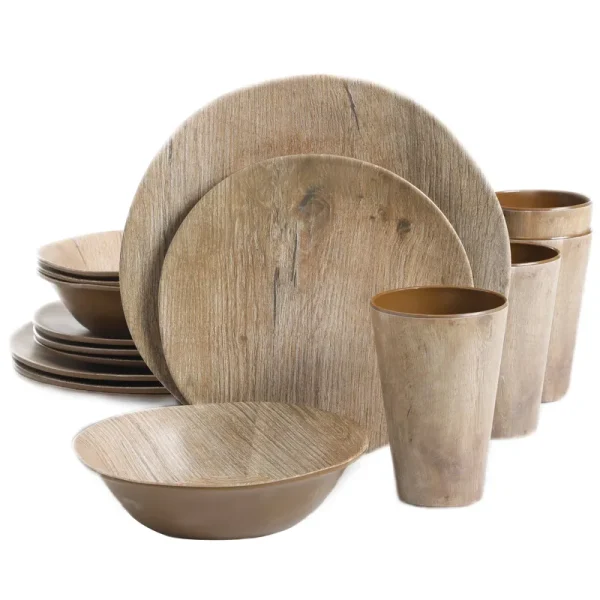 Gibson Home Woodlands Round Melamine Dinnerware Set Service for Four (16pcs) Wood