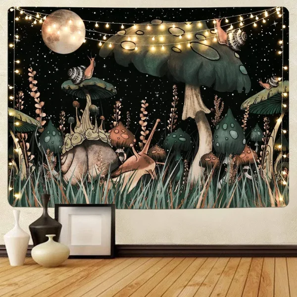 Boniboni Trippy Mushroom Tapestry Moon and Stars Tapestry Snail Tapestry Fantasy Plants and Leaves Tapestry Wall Hanging for Room(59.1 x 59.1 Inches)
