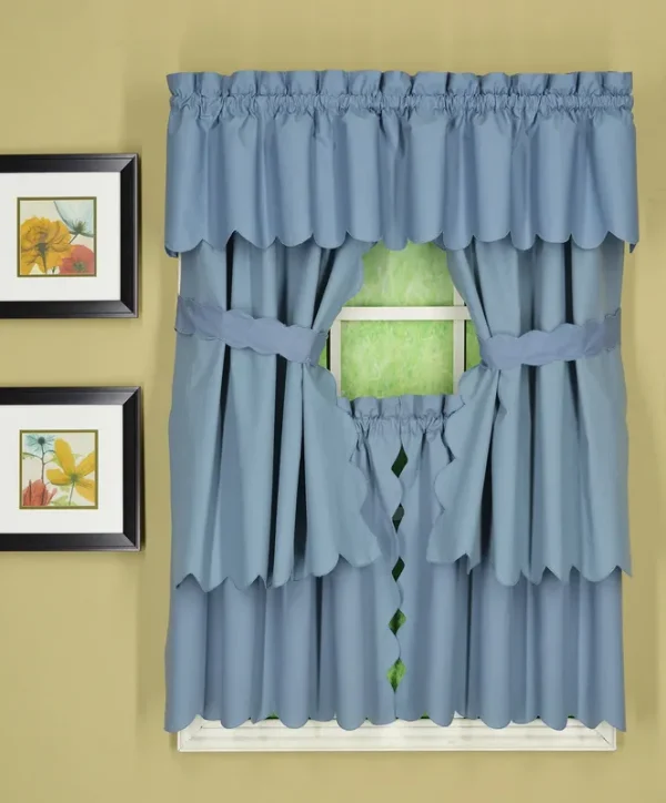 Today's Curtain Orleans 30" Tier Pair with Tiebacks Tambour Scallop Edge Curtain, Blue, 60" W x L/Tb