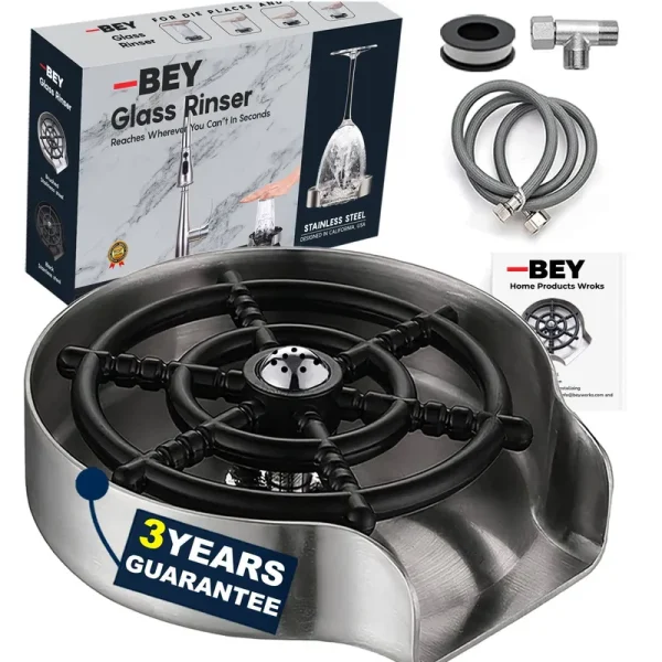 Bey Automatic Glass Rinser - Powerful Cup Washer for Kitchen Sink, Stainless Steel Baby Bottle Cleaner Sinks Attachment, Bar Accessories Spray Metal