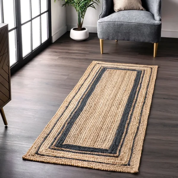 nuLOOM Rikki Braided Border Jute Runner Rug, 2' 6" x 10', Navy