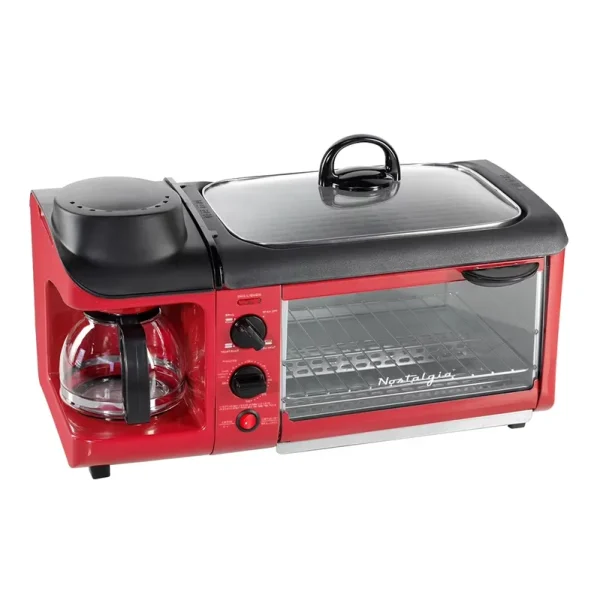 Nostalgia Bst3russian River Retro 3 - in - 1 Family Size Electric Breakfast Station, Coffeemaker, Griddle, Toaster Oven - Retro Red