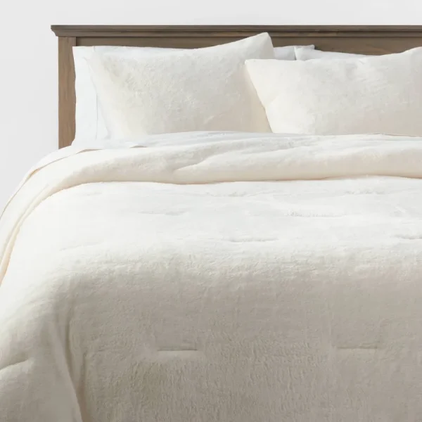 3PC Full/Queen Luxe Faux Fur Comforter and Sham Set Ivory - Threshold