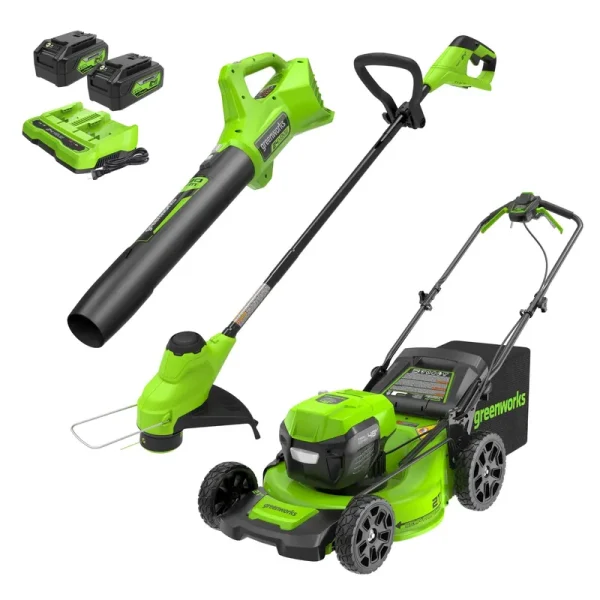 Greenworks 2 x 24V 21" Brushless Cordless (Self-Propelled) Lawn Mower + Blower (320 CFM) + 12" String Trimmer, (2) 5.0Ah Batteries and Charger