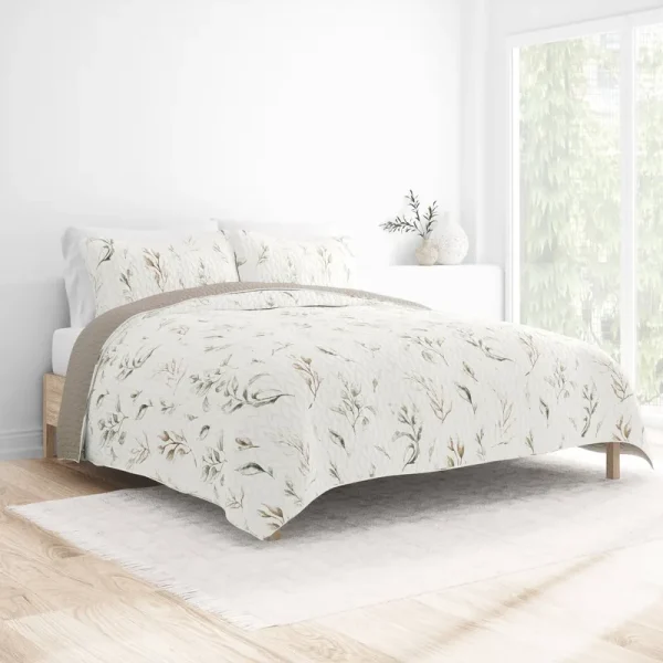 ienjoy Home All Season 2 Piece Watercolor Leaves & Stripe Reversible Quilt Set, Twin/Twin XL, Latte