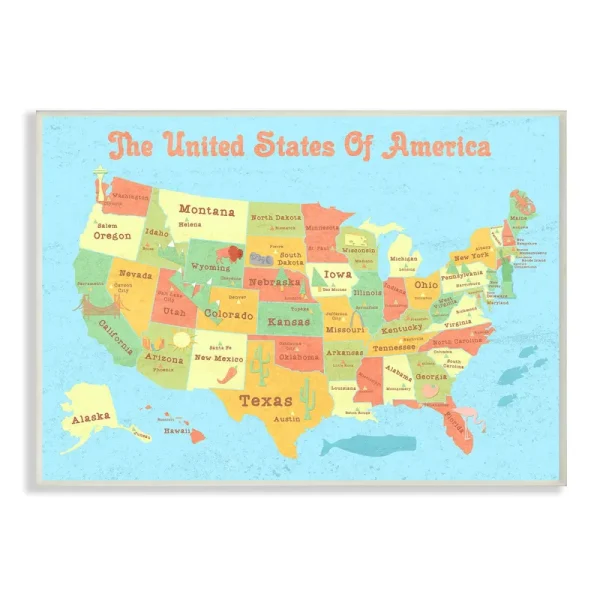 Stupell Industries United States of America USA Kids Map Wall Plaque Art, 12.5" x 18.5" - Multi