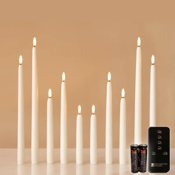 Enchanted Spaces Daily Timer 10 PC Combo Pack of 5 Sizes Flameless LED Ivory Taper Candles, Includes Pairs of 6��, 8��, 10��, 12��, and 14�� Candles,