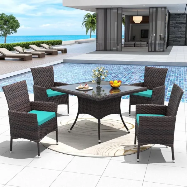 ALAULM 5 Pieces Patio Dining Set Outdoor Rattan Furniture with Square Glass Tabletop 4 Chairs with Cushions for Patio, Backyard Outdoor Kitchen Lawn & Garden Blue