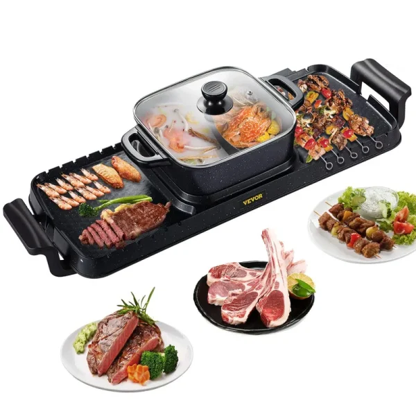 VEVOR 2 in 1 Electric Grill and Hot Pot, 2400W BBQ Pan Grill and Hot Pot, Multifunctional Teppanyaki Grill Pot with Dual Temp
