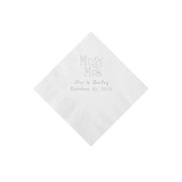 50 PC 5" White Mr. & Mrs. Personalized Napkins with Silver Foil Beverage