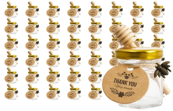 1.5oz 48 Pack Mini Glass Hexagon Canning Jars with Gold Lid, Bee Charms Honeybee Pendant, Honey Dipper Sticks, Jute Tag String, Thank You Gift Tags,