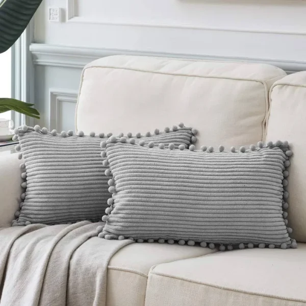 Fancy Homi Pack of 2 Boho Grey Lumbar Decorative Throw Pillow Covers with Pom-Poms, Soft Corduroy Solid Rectangle Cushion Cases