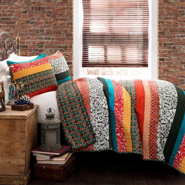 Lush Decor Boho Stripe 3-Piece Quilt Set Full Queen Turquoise Tangerine
