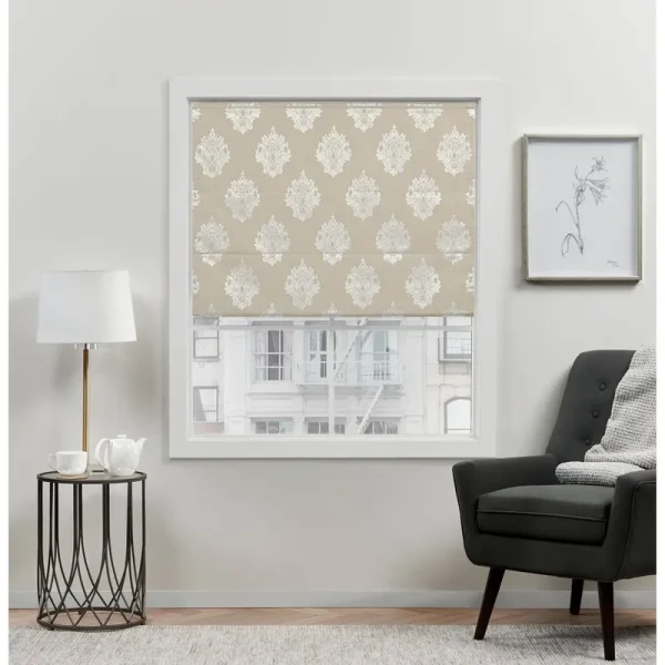 Exclusive Home Curtains Marseilles Damask Blackout Roman Shade, 23 inch x 64 inch, Natural, Beige