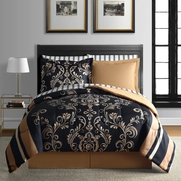 Sabrina Reversible Comforter Set Black/Gold / Queen