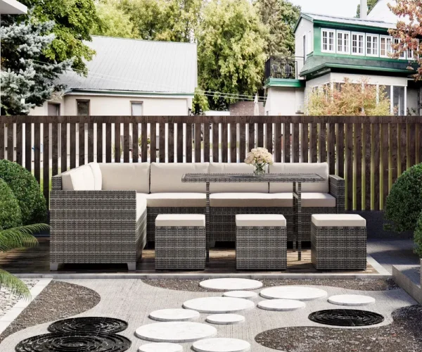 Bifanuo 7 Piece Patio Furniture Set, Outdoor Furniture Patio Sectional Sofa, All-Weather PE Rattan Outdoor Sectional with Beige Cushions and Table, Black Wicker