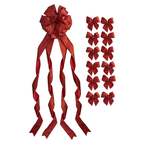 New Traditions Large Christmas Tree Topper Bow & 12 Mini Bows - Red Glitter