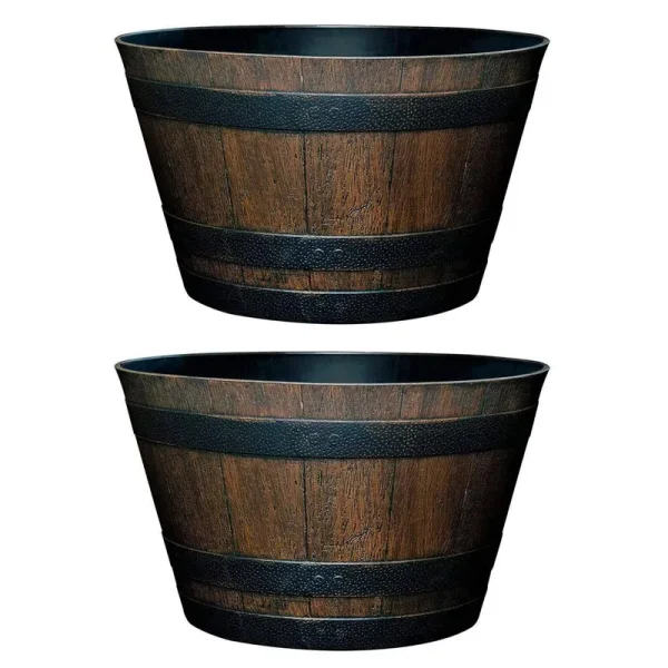 Flower Pot, Resin Whiskey Barrel Plant Pot Round Planter Suitable for Indoor Outdoor Garden Yard Patio (30cm (2 Pack))