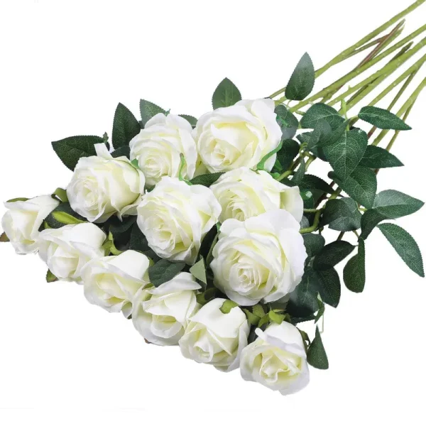 Hawesome 12pcs Artificial Silk Flowers Realistic Roses Bouquet Long Stem for Home Wedding Decoration Party (White)