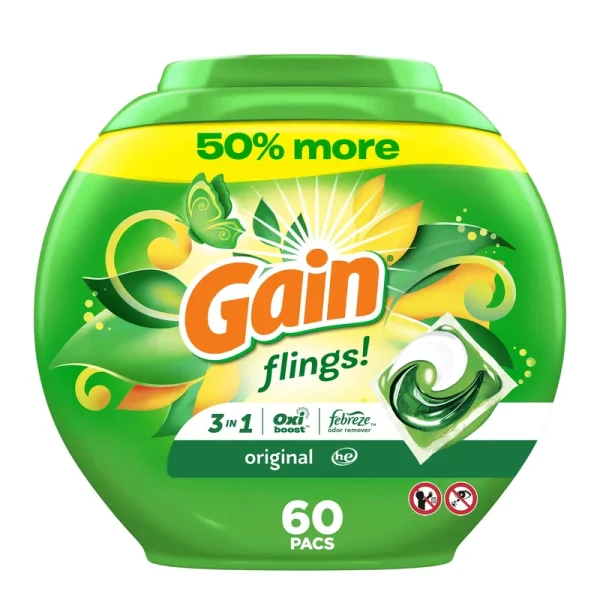 Gain Flings Detergent, 3 in 1, Original, Pacs - 60 pacs, 1.27 kg