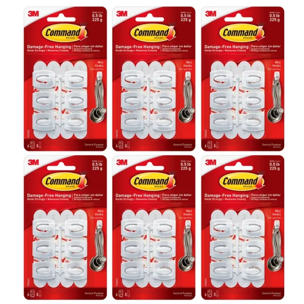 Command Mini Hooks, White, 6 per Pack, 6 Packs