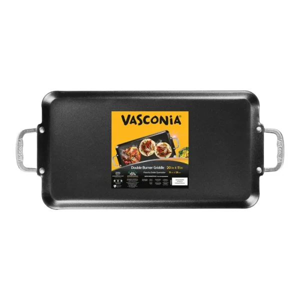 Vasconia - Large 20" x 12" Nonstick Double Burner Griddle with Metal Handles, Black