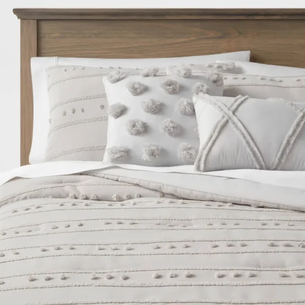 5pc Full/Queen Clipped Stripe Poms Comforter Bedding Set Gray - Threshold