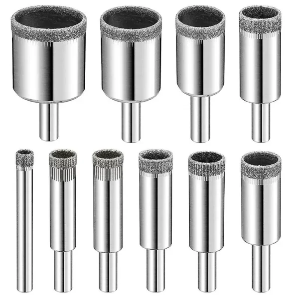Diamond Drill Bits Set, 10 Pcs Diamond Saw Set, Glass Drill Bit for Ceramic Tile Porcelain Marble Granite Bottles, Silver