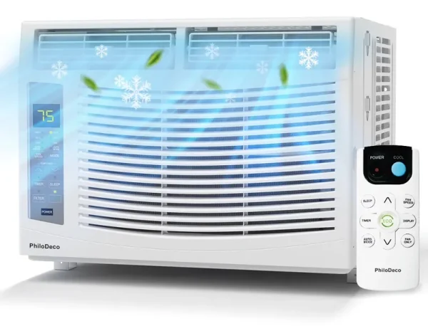 Philodeco 6000 BTU Window Air Conditioner Cool to 250 Sq Ft Intelligent, LED, Remote Control, Easy to Clean Filter Screen, Can Be Used As a Dehumidifier/Fan, Operates Quietly, and Is Energy - Saving
