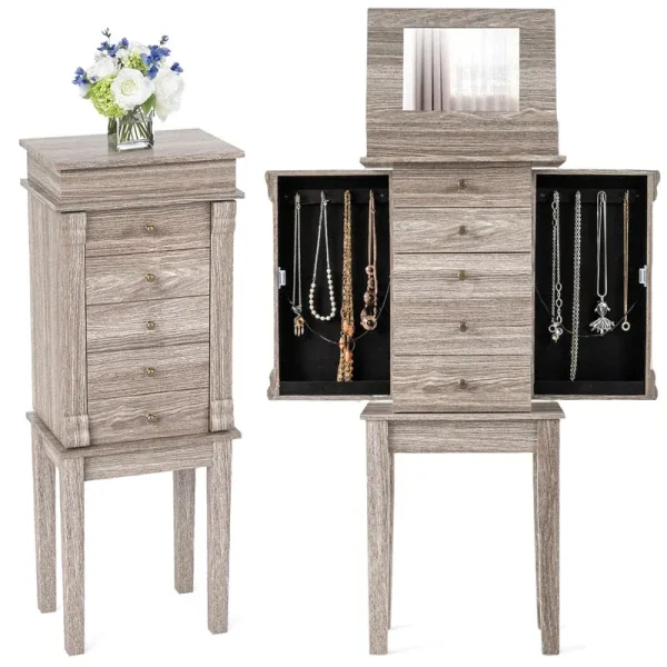 Standing Jewelry Armoire Cabinet with Flip Top Mirror, 5 Drawers & 2 Swing Doors, Velvet Lined Jewelry Storage Organizer for Necklaces Rings