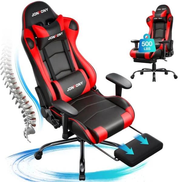 JONPONY Big and Tall 500 lb Gaming Chair, Ergonomic Design, Gamer Chair PU Leather with Footrest and Lumbar Support, High Back Office Chair Support 8 Hours Long Sitting, Red Computer Chair, Red