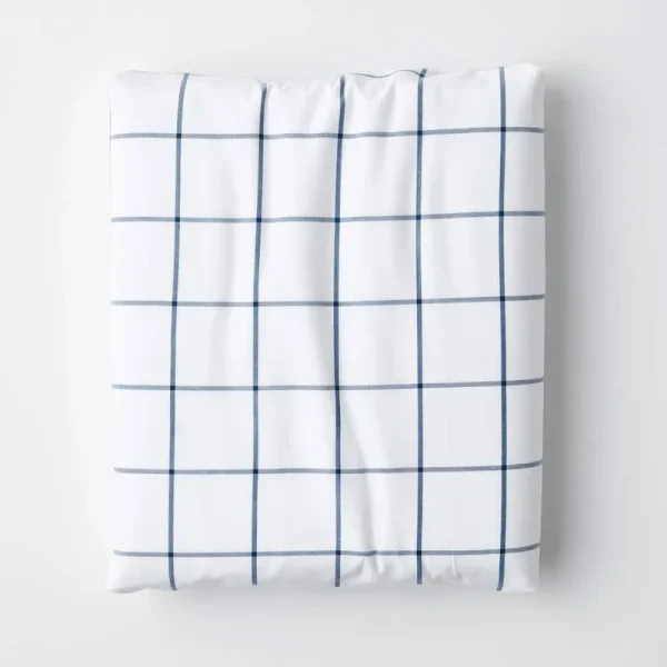 Block Plaid Classic Cool Cotton Percale Fitted Bed Sheet - Blue, Size Queen | The Company Store