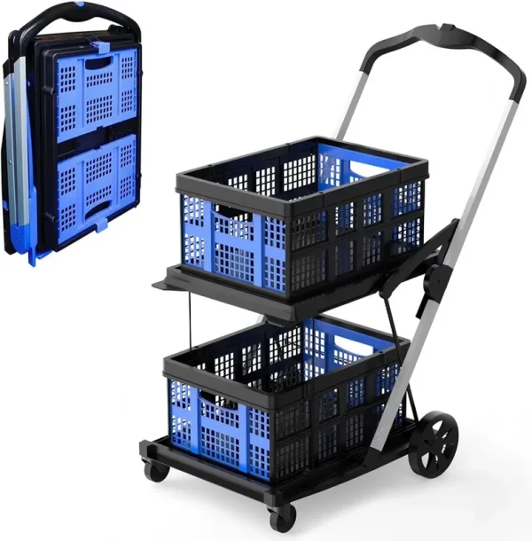 Foldable Grocery Cart with Wheels and Removable Storage Crate, Collapsible Shopping Cart, 2 - Tier Portable Utility Cart for Home, Groceriessupermarket
