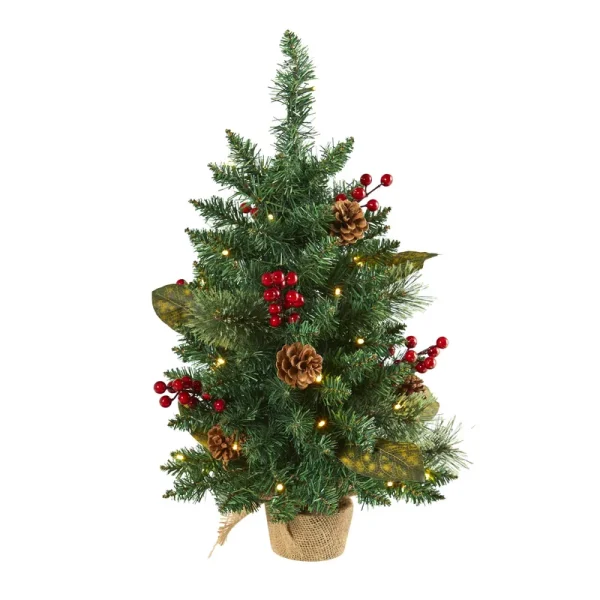 Nearly Natural 2ft. Pine, Pinecone and Berries Artificial Christmas Tree with 35 LED Lights and 86 Bendable Branches