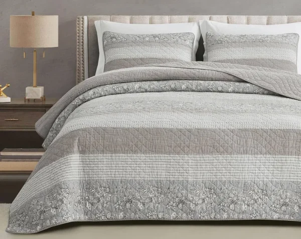 Chezmoi Collection Robyn 3-Piece Neutral Taupe Gray White Floral Hibiscus Flower Patchwork Striped Quilt Set - Pre-Washed Cotton Coverlet - Lightweig