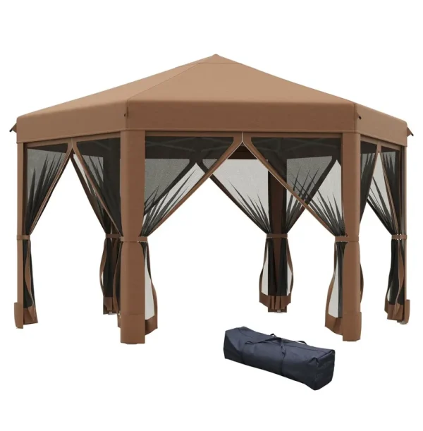 13x13 Pop up Canopy, Hexagonal Brown Canopy with Mesh Walls - Adjustable Outdoor Camping Tent with Steel Frame & Stakes
