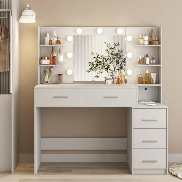 Makeup Vanity with Mirror and Lights, 3 Lighting Colors, Bedroom Vanity Table with Charging Station, White Make up Desk with 5 Drawers Storage and Open Shelves