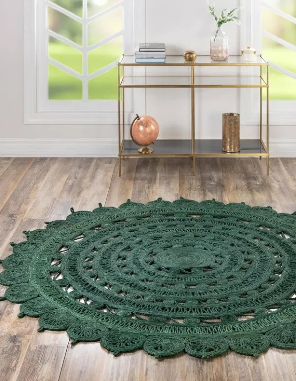 Hand Braided Jute 2 ft Round Green Floral, Natural Area Rug
