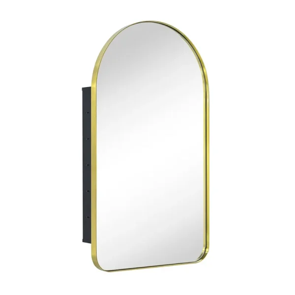 Ebern Designs 13997AC1FAC94CF7A69E098E620EEEFA Aristes Metal Recessed Framed Medicine Cabinet with 2 Adjustable Shelves Finish: Brushed Gold